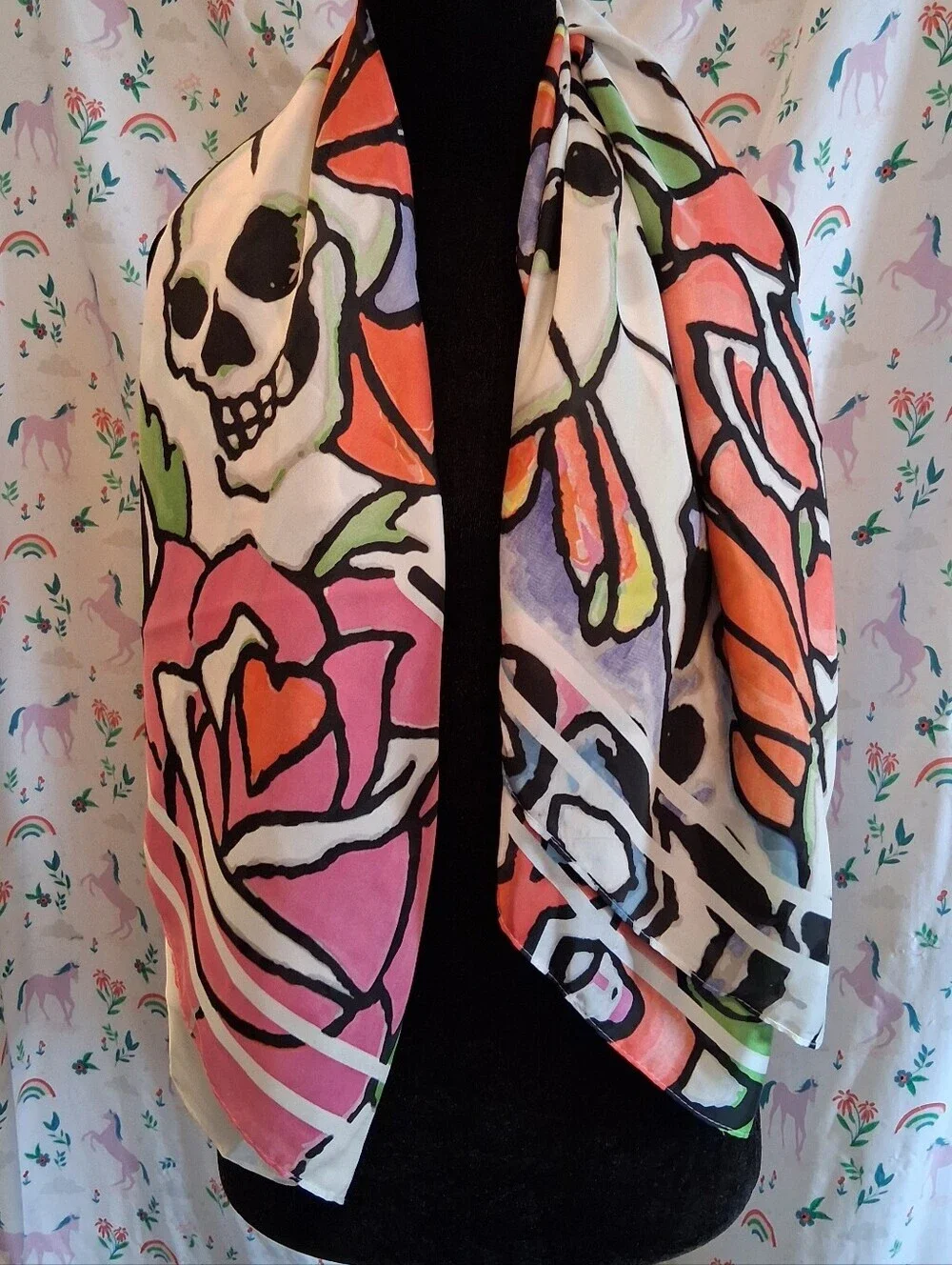 EUC Vintage Y2K Ed Hardy Floral Tattoo Skull Floral Casual Streetwear Scarf Wrap